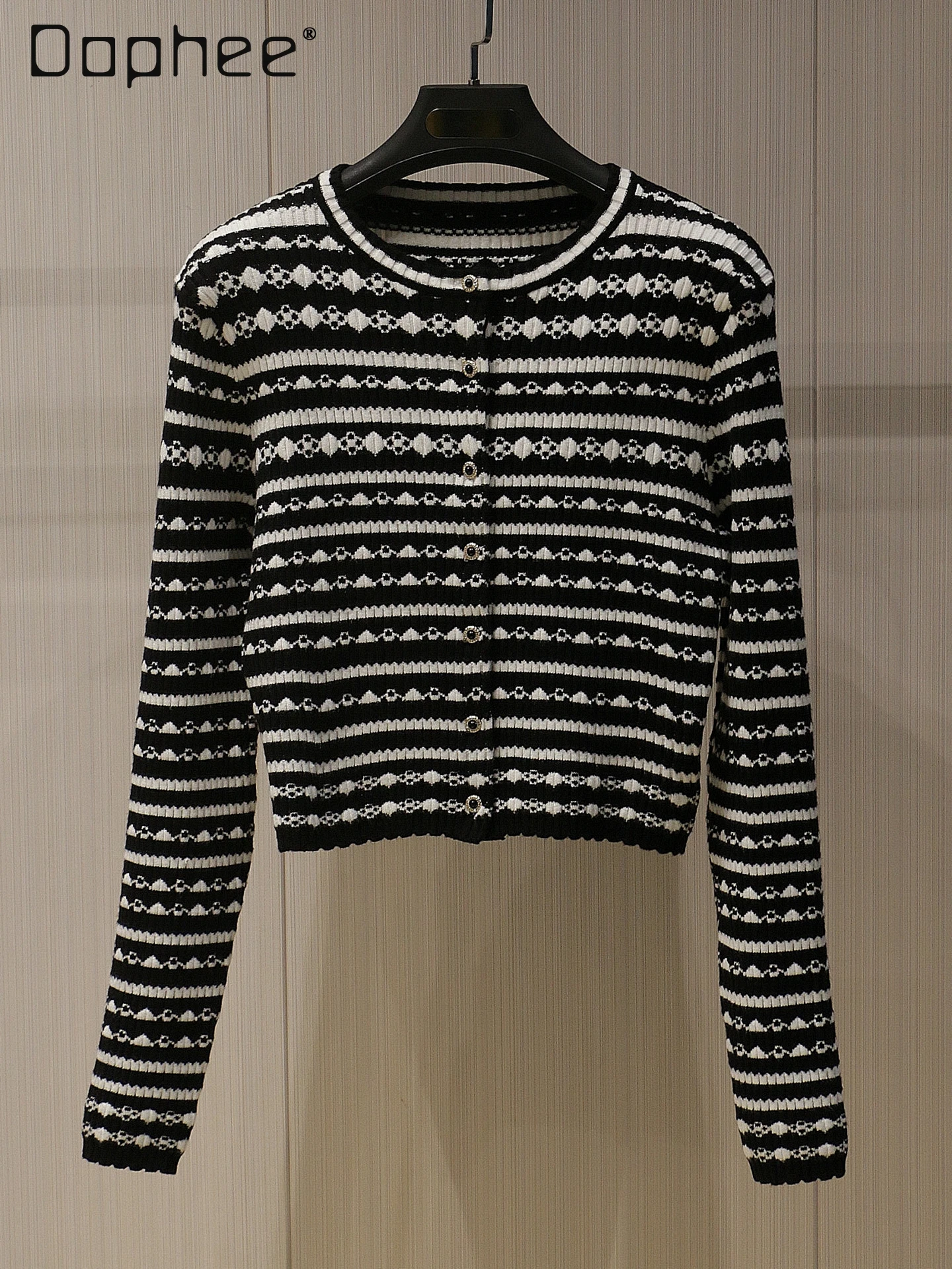 Herfst Nieuwe Franse Elegante Socialite Gestreept Gebreid Vest Vrouwen Woon-werkverkeer Stijl Mode Korte Ronde Hals Lange Mouw Truien