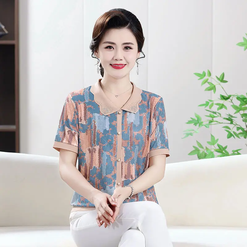 New Summer Style for Elderly Women Print Short Sleeve Collar T-Shirt Fashionable Slimming Loose Fit Large Size Top Base Wear