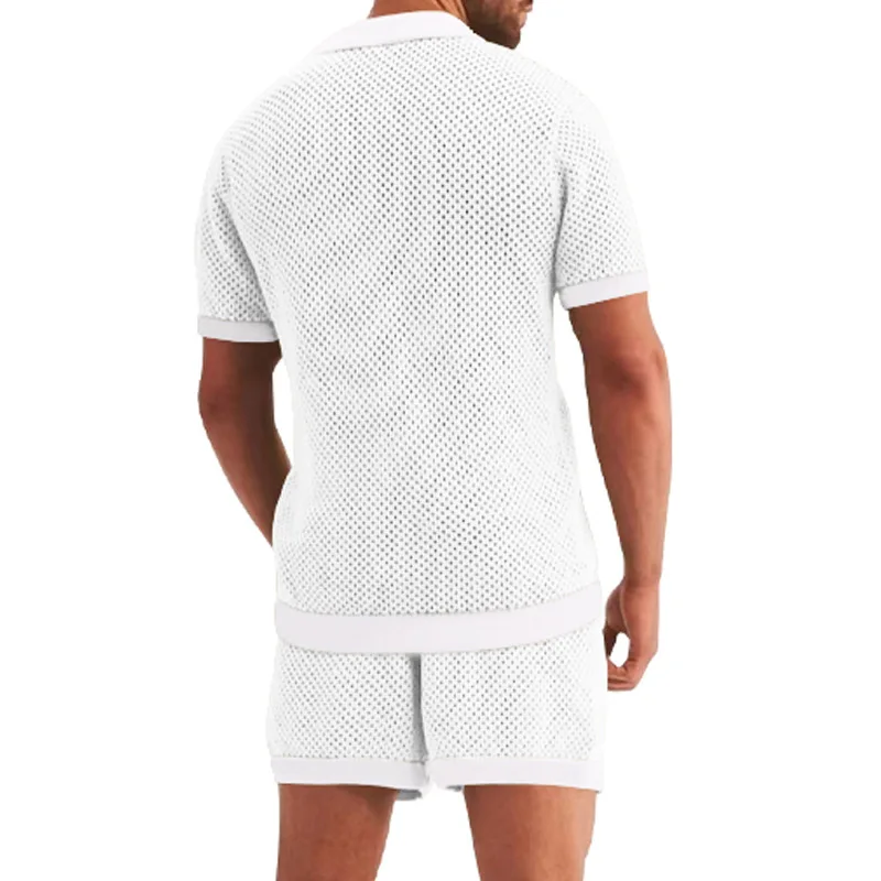 2026 Sommer Herren Ausgehöhltes Dünnes Zweiteiler-Set: Kühles, Atmungsaktives Kurzarm-Oberteil mit Passenden Shorts – Lässiges Alltagsoutfit im lockeren Schnitt – Detail 7