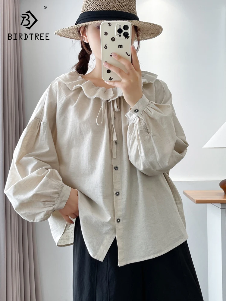 

Новая женская хлопковая блузка с длинным рукавом на весну 2026 года, с оборками, шнуровкой и лоскутным узором, в стиле Mori Girl, французский омолаживающий свободный крой, T61381CC