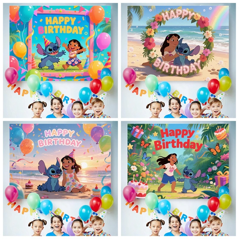 

Cartoon Lilo & Stitch Birthday Backdrop Hawaiian Theme Custom Party Decor Ohana Family Reunion Background Stitch Experime 626