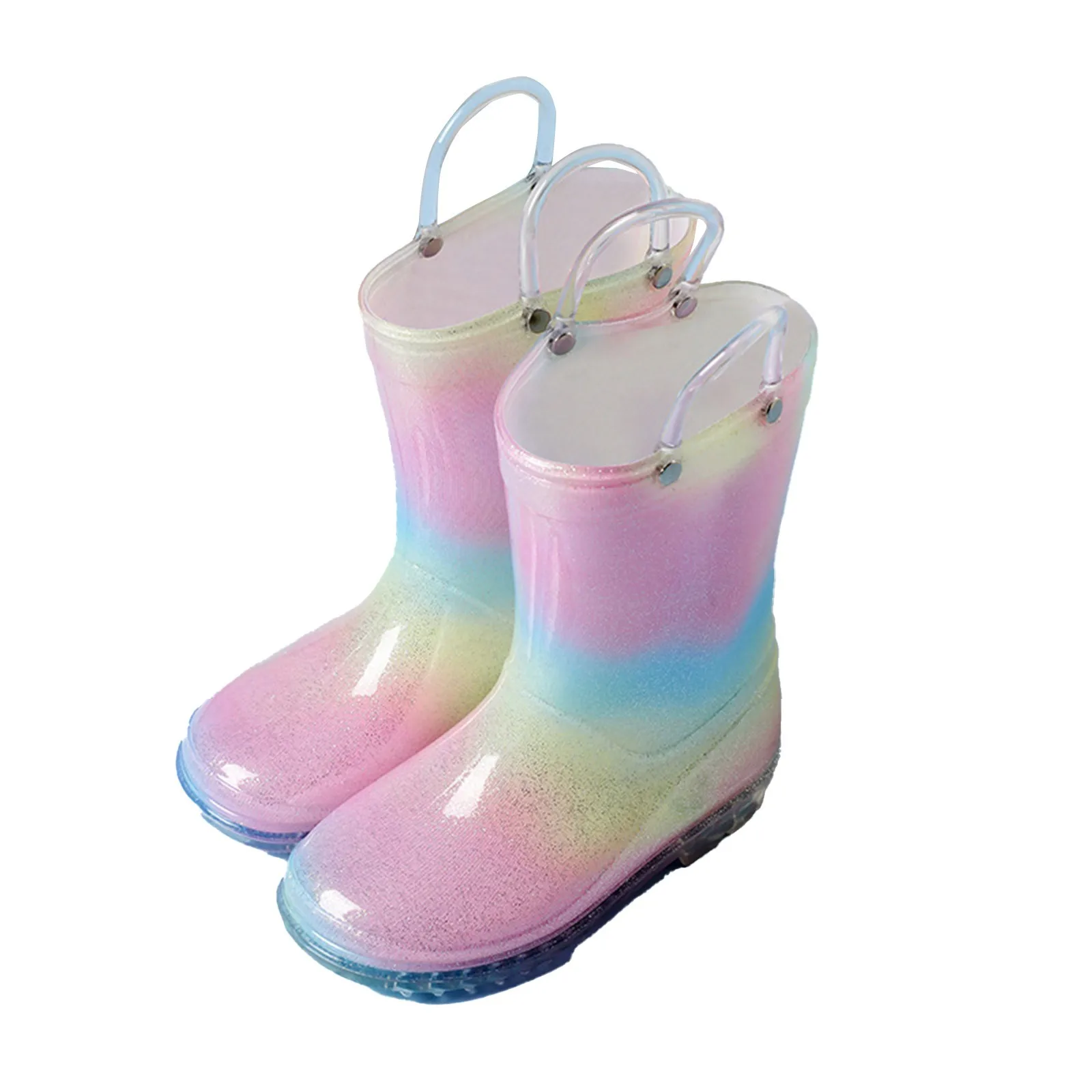 Kids Rainbow Rain Boots Clear Round Toe Flat Pull on Mid Calf Boot Luxury Designer WaterProof Jelly Soles Girls  Shoes