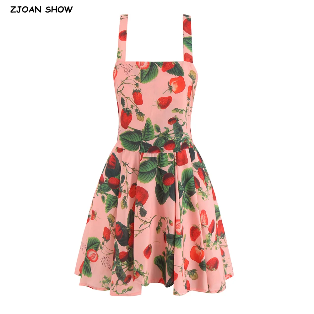 2025 مثير أوراق الفاكهة طباعة ساحة طوق التعادل القوس الظهر عارية الذراعين فستان قصير بدون أكمام المرأة مطوي ألف خط فساتين حبال قصيرة رداء