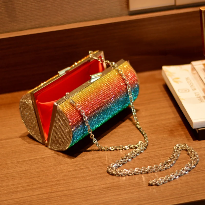 NEW-Rainbow Rhinestone Purse Evening Bag For Women Luxury Party Handbag For Wedding Clutch Bag Diamond Cylinder Shoulder Bag