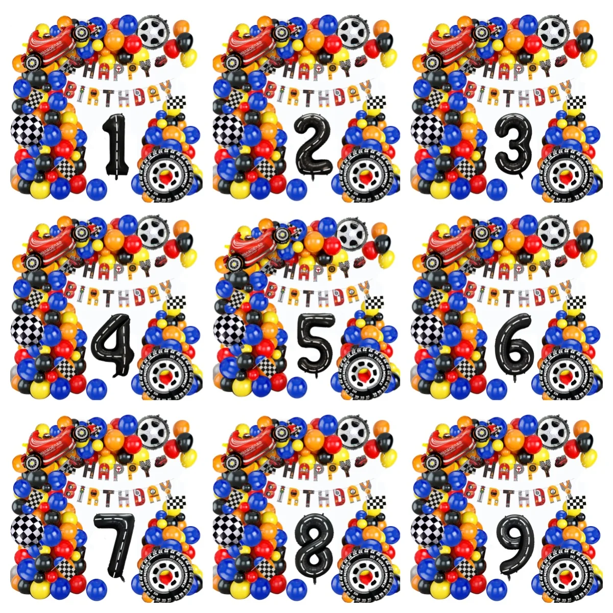 مجموعة قوس بالونات السباق الكل في واحد، تأتي مع علم سحب وأرقام لتزيين حفلات أعياد الميلاد