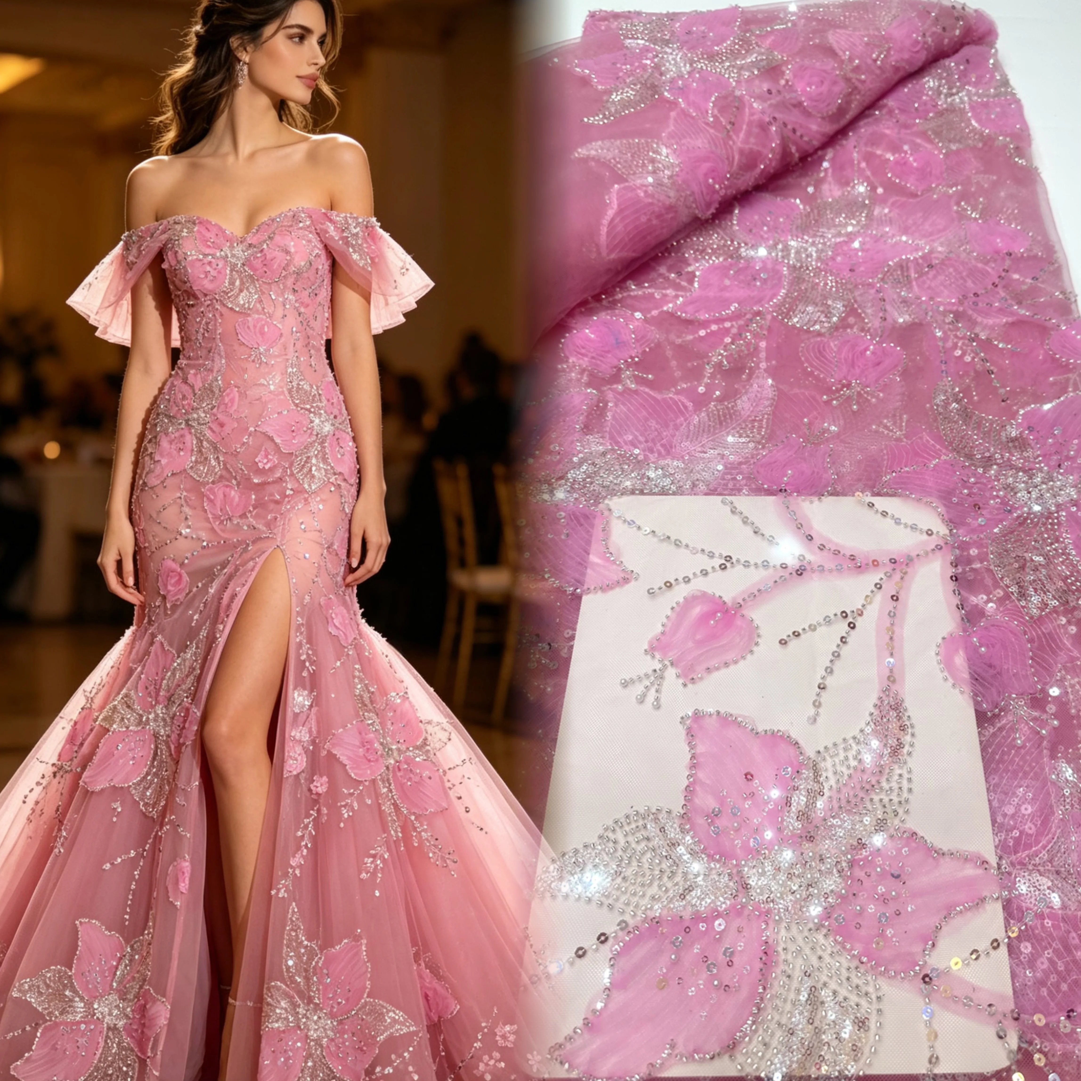 3D Flower African Beaded Lace Fabric Sequins Mesh Tulle for Wedding Party Evening Gowns Sewing Nigeria France Style Dresses