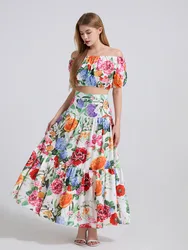 Summer Dress Runway Brand Designer Floral Print Sexy 2 Piece Sets Women Slash Neck Cropped Tops Long Maxi Skirts Suits