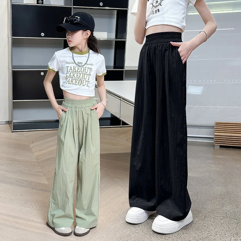 Teenage Girls Summer Casual Pants Thin Loose Straight Trousers for Kids 2025 New Fashion All-match 10 12 Years Children Pants