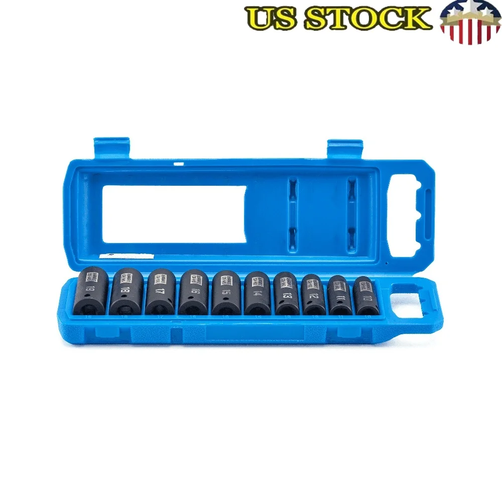 

10 Piece 3/8 Inch CR-MO Impact Rated Socket Set Metric Sockets Rust Resistant Manganese Phosphate Coating Large Laser Etched
