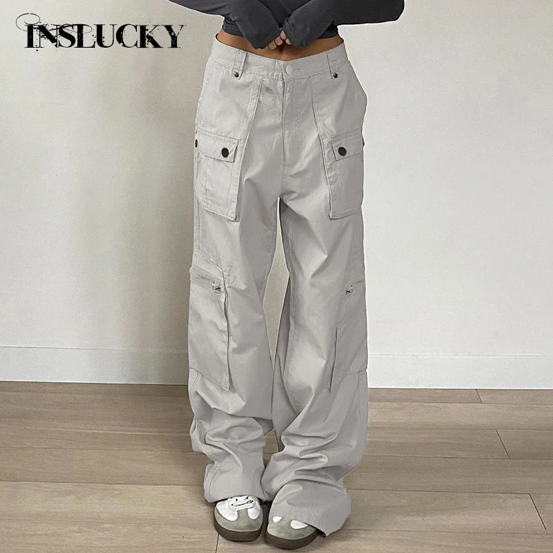 

InsLucky Oversized Cargo Jeans Trousers Women Streetwear Zipper Big Pocket Baggy Denim Pants Casual Trouser Y2K Office Lady 2024