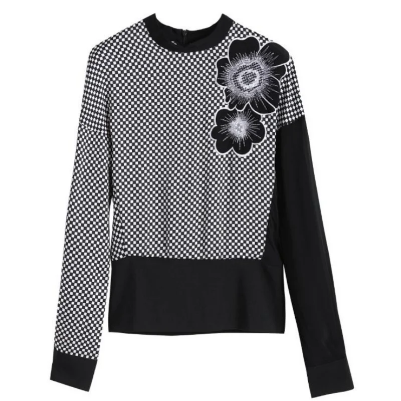 Fashion Versatile Elegant Spring New Print T-shirt Women O-Neck Patchwork Embroidery Screw Thread Loose Casual Long Sleeve Top