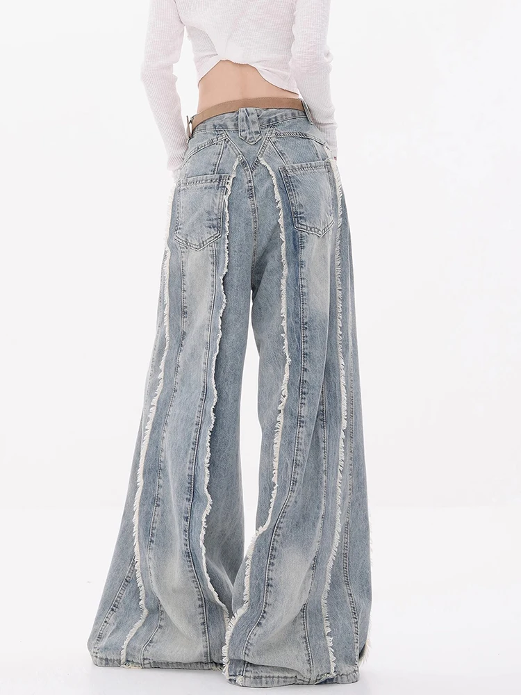 Vintage Ripped Jeans Women High Waist Wide Leg Tassel Denim Pants Couple Baggy Pants Fashion Denim Pants Loose Casual Trousers