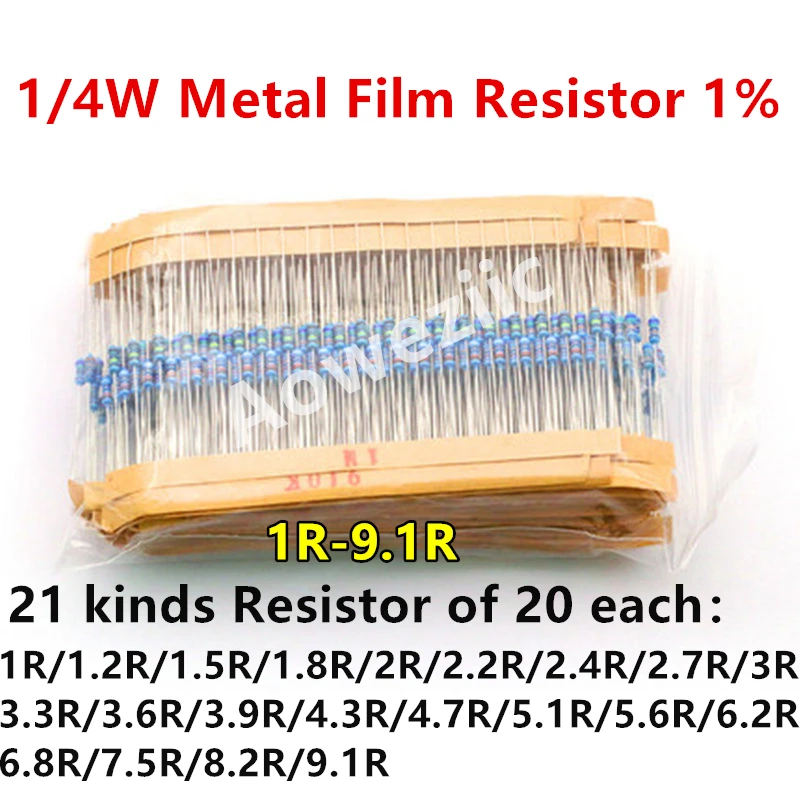 420pcs/set 21 Kinds 1/4W 0.25W Metal Film Resistor Pack 1% 1R-9.1R Assorted Kit 1.5R 2ΩJ 2.7R 3.3R 3.9R 4R7J 5.6R 6.2R 8.2RJ ohm