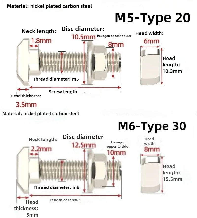 5Sets M5 M6 M8 Nickel Plated T Hammer Head T Bolt Screws Aluminum Connector Hexagon Flange Nuts for 20/30/40/45 Series