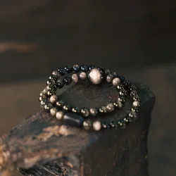 Black Obsidian Stone Multi Row Beaded Bracelet Black Gem Stone Natrual Stone Row Beaded Couple Simple Men Women Modish Ornament