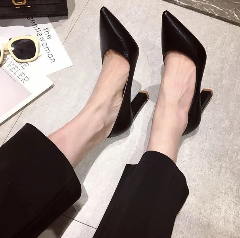 Ladies Summer Footwear Pointed Toe Shoes for Women 2024 Office Super High Heel Black Formal Square Heels Genuine Mark Beau Today