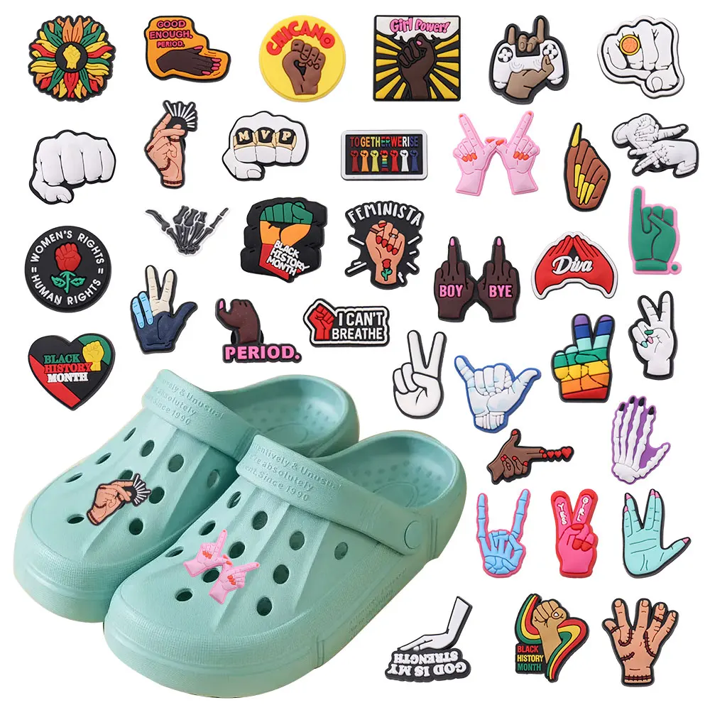 Mix 50pcs PVC Shoe Charms Girl Power Period Women's Rights Human's Rights Hand Fist Feminista Boy Bye Hole Slipper Accessories