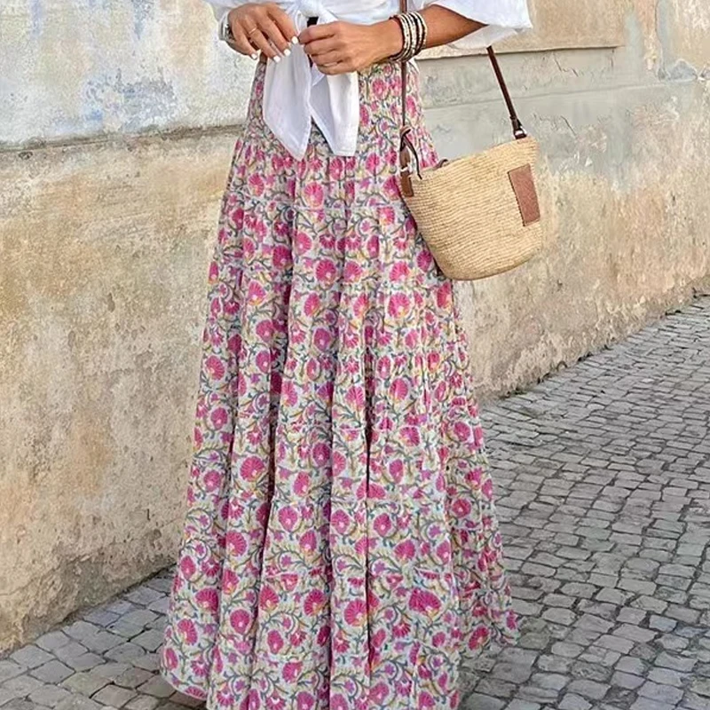 Elegant Fashion Printed A-line Women Skirts Casual New Loose Summer Long Skirt Female Elastic High Waist Ladies Skirts Clothes