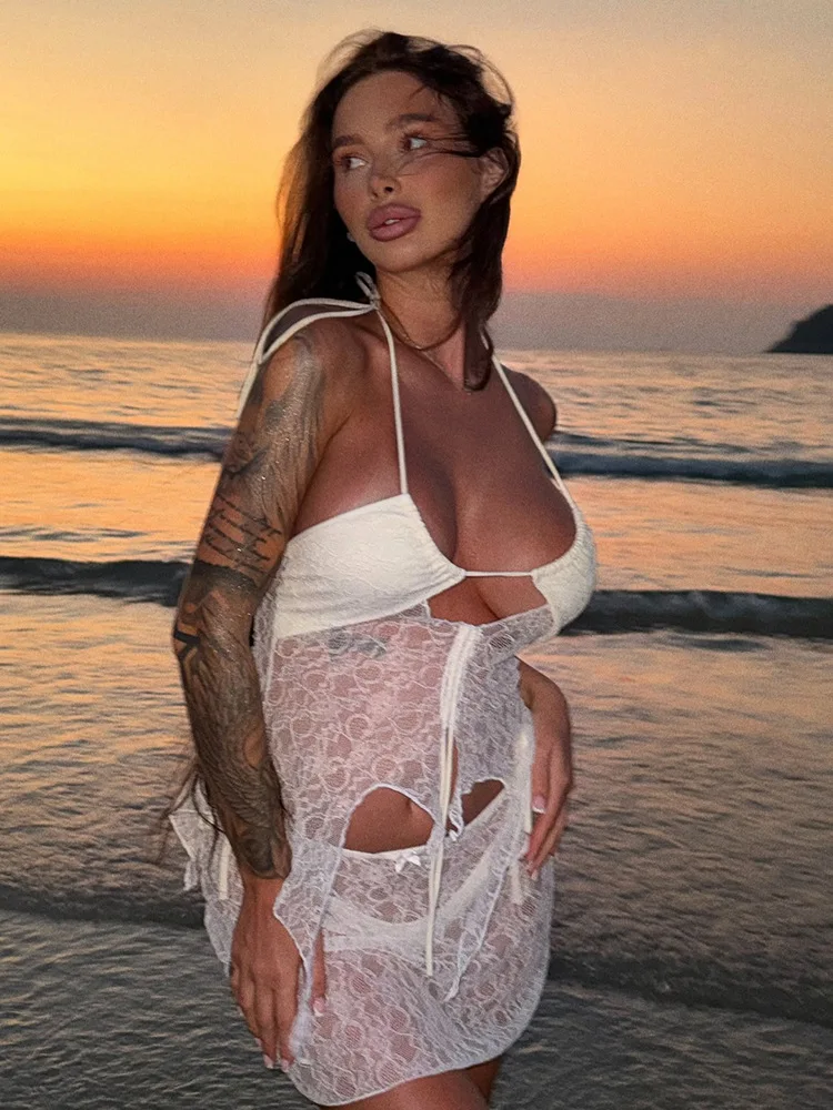 

Women's Sexy Beach Swimwear Dress 2025 Summer See Through Lace Camisole Crop & Mini Skirt Two Piece Set Holiday Beach Coverups