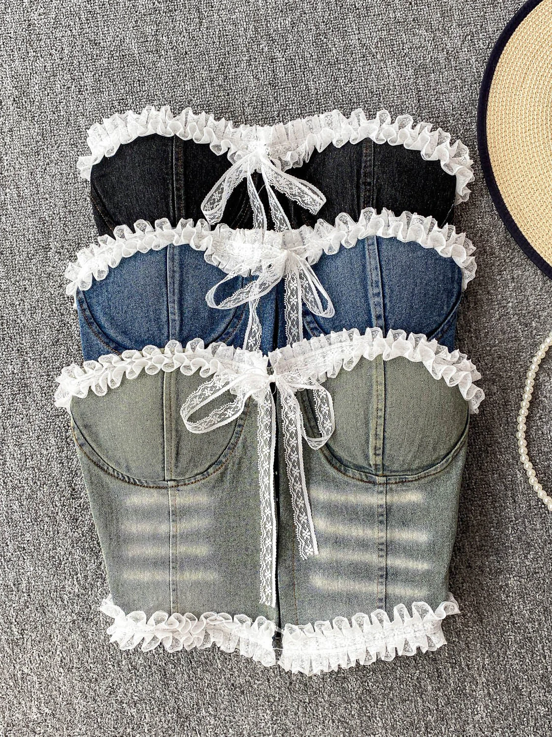 

Sweet Lace Wooden Ear Splice Denim Tube Top Women's Belted Outerwear Slim ort irt Commute Sle Summer Regular Thin