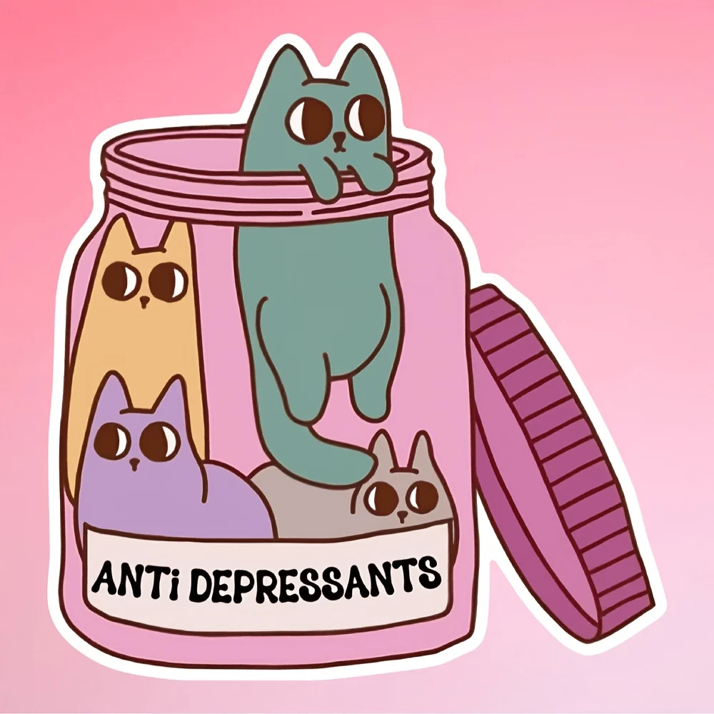 

1PC Funny Mental Health Cat Stickers, Cute Antidepressant in Pink Jar Design - Mood-Boosting Paper Decals