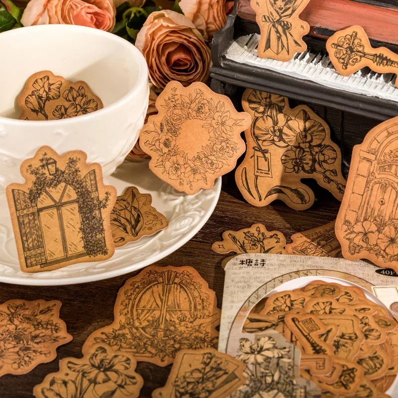 40 Sheets Handmade Vintage Stickers Scrapbooking Handbook DIY Diary Material Decoration Collage Aesthetic Kraft Paper Stickers