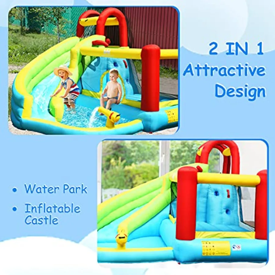 Outdoor backyard inflatable water slide bounce house for kids: PVC blue and yellow 6-in-1 with splash pool climbing wall and wa