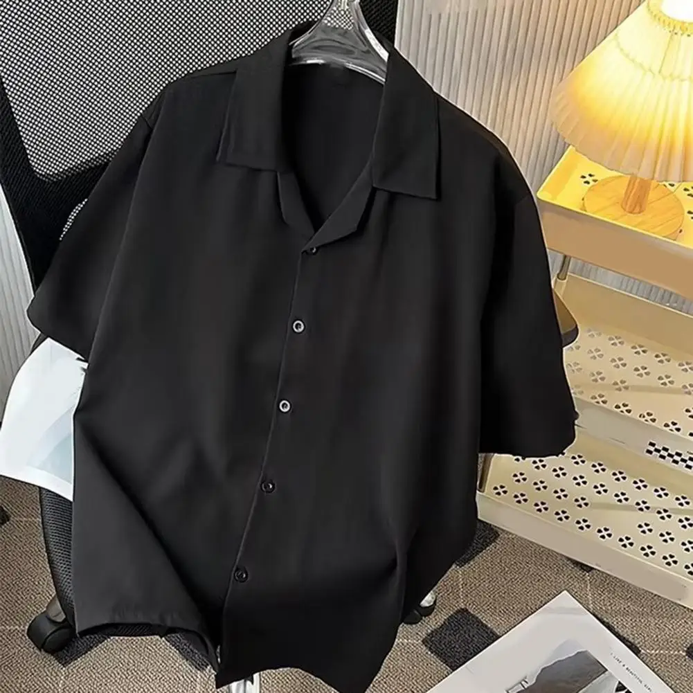 Men Lapel Shirt Men's Loose Fit Short-sleeved Lapel Shirt for Life Vacation Solid Color Button-down Summer Shirt Single-breasted