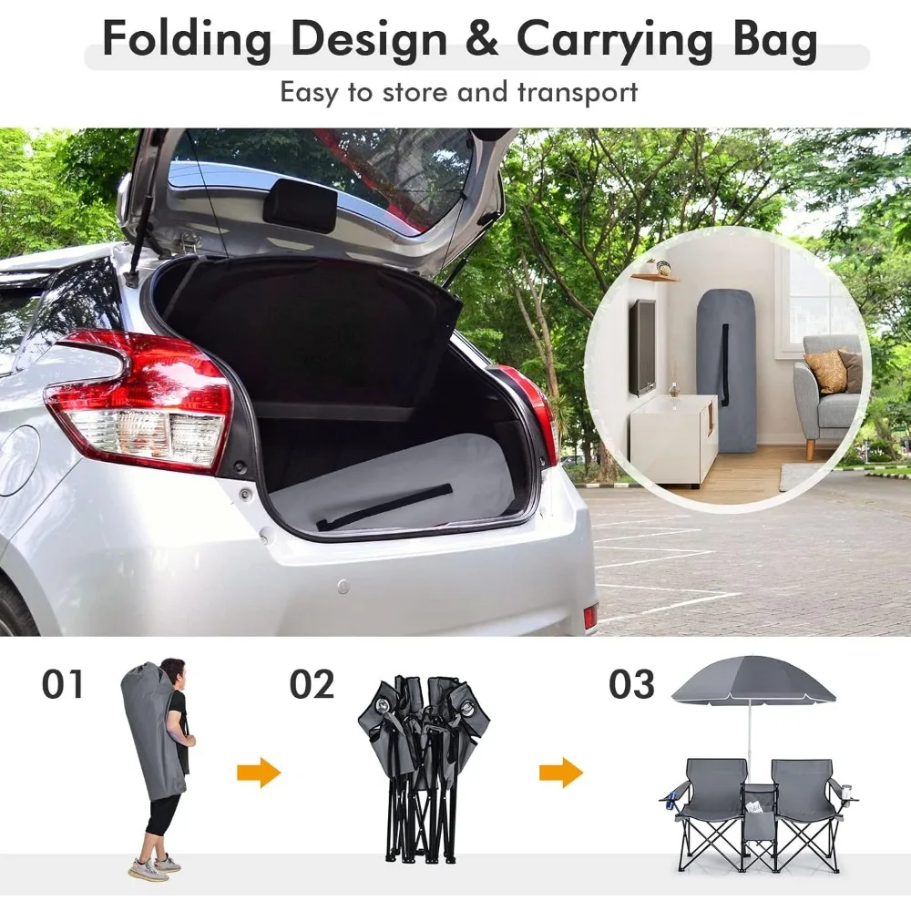 كراسي تخييم قابلة للطي مع مظلة قابلة للإزالة، حاملات أكواب، حقيبة تبريد، جيوب جانبية، حقيبة حمل لشخصين، مثالية للاستخدام في الهواء الطلق