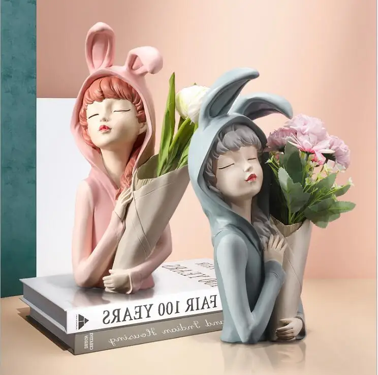 Modern Rabbit Ear Girl Vase Resin Ornaments Home Livingroom Figurines Crafts Office Desktop Flower Arrangement Statue Decoration