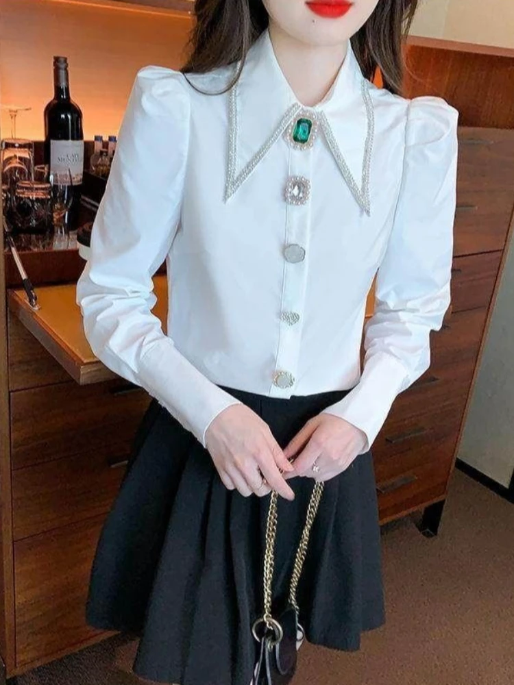 

Spring New Arrival Niche French Elegant Women's Long Sleeve Shirt Intricate Beaded Rhinestone Embellished Designer Blouse Top