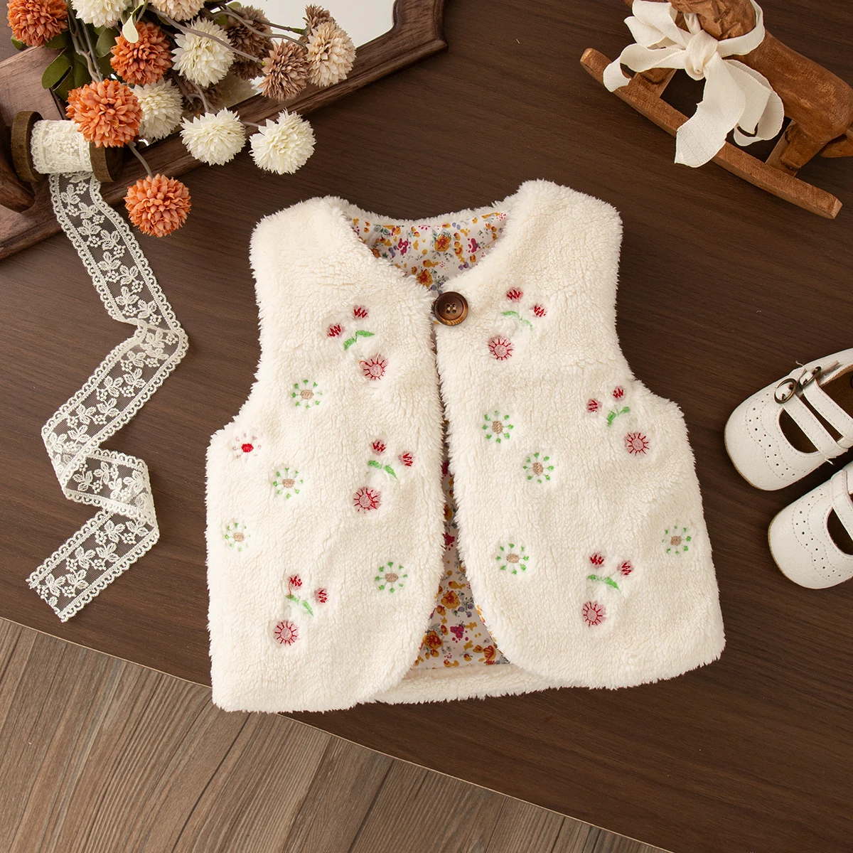 Baby-Mädchen-Weste Oberbekleidung Winter Einfarbige Blumen-Plüsch-Weste Niedliche Cartoon-Jacke für Baby-Mädchen Babykleidung ﻿