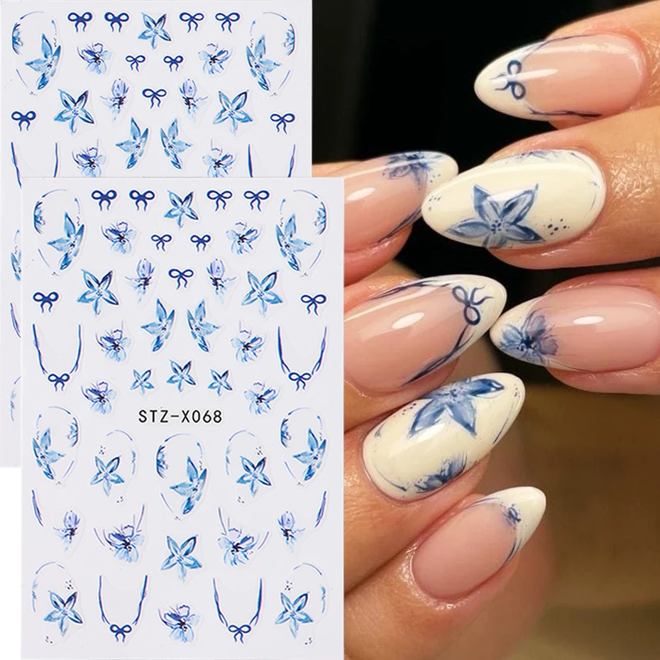 2pcs Blue Lily Flower Nail Art Stickers French Bow Design 3D Self-Adhesive Nail Decals Sliders Decorations Manicure Accessories