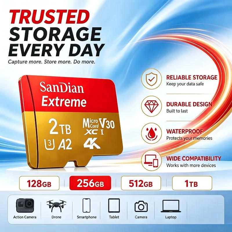 2026 Micro TF/SD Memory Card with 128GB and 1TB Class10, Mini Card for Camera, Phone and Tablet Devices.