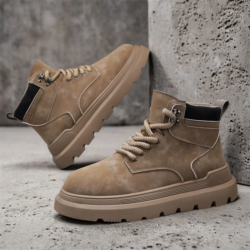 

New Vintage Brown Winter Work Boots Casual Leather High-top Boots Thick Soles Round Toes Shoes Men's Shoelaces Boots