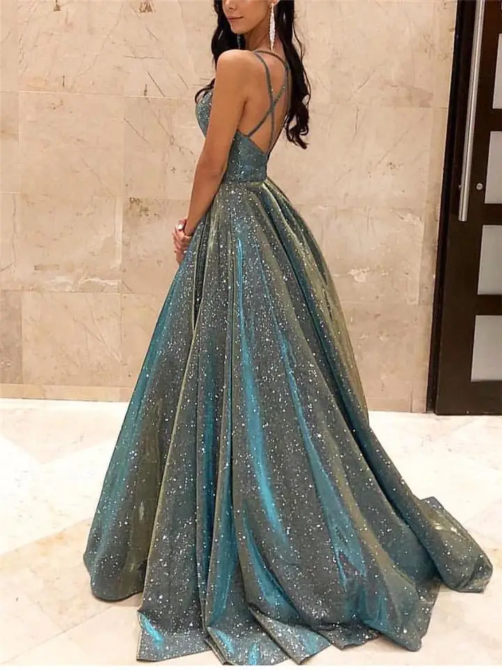 

Floor Length A Line V Neck Sexy Summer Spring Party Evening Women Strap Sleeveless High Waist Sequines Long Maxi Dress