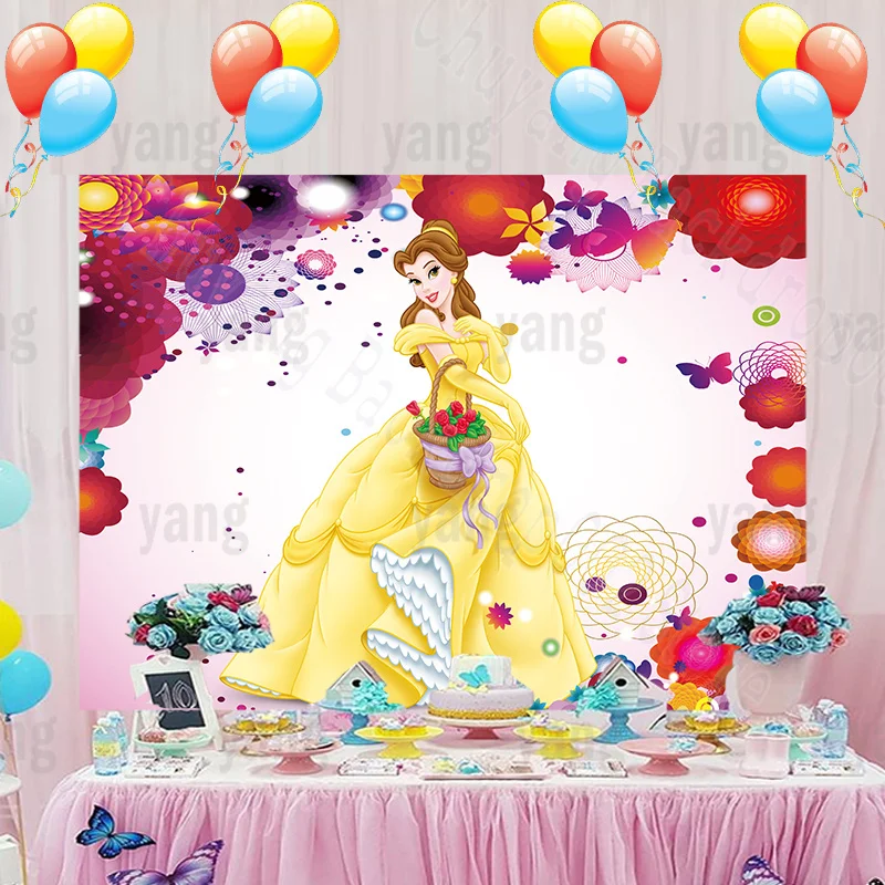 Disney Beauty and the Beast Cartoon Belle Cute Princess Romantic Birthday Party Colorful Flowers Backdrop Photography Background
