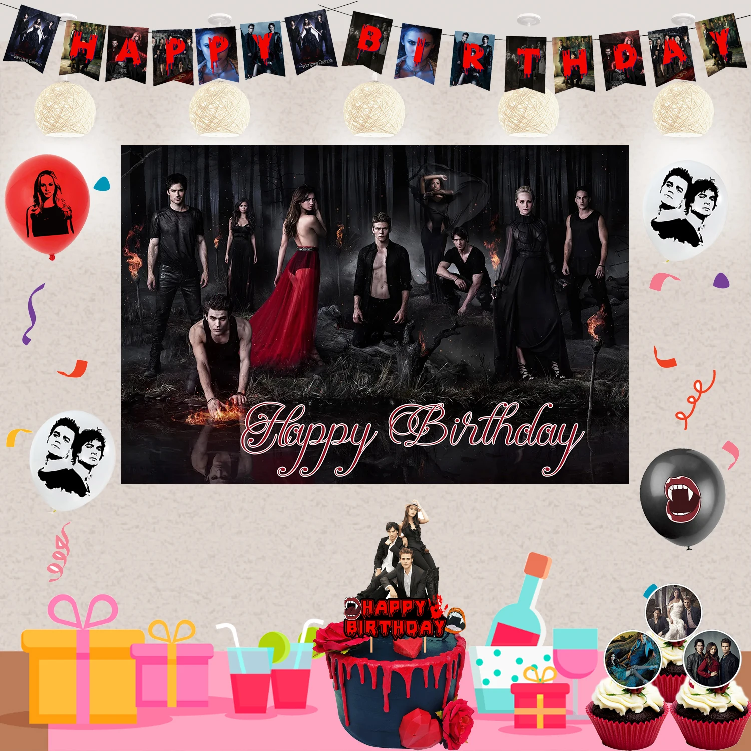 

The Vampireing Diaries Theme Birthday Party Decoration Supplie Cake Decoration Banner Numbers Balloon Background Set Baby Shower