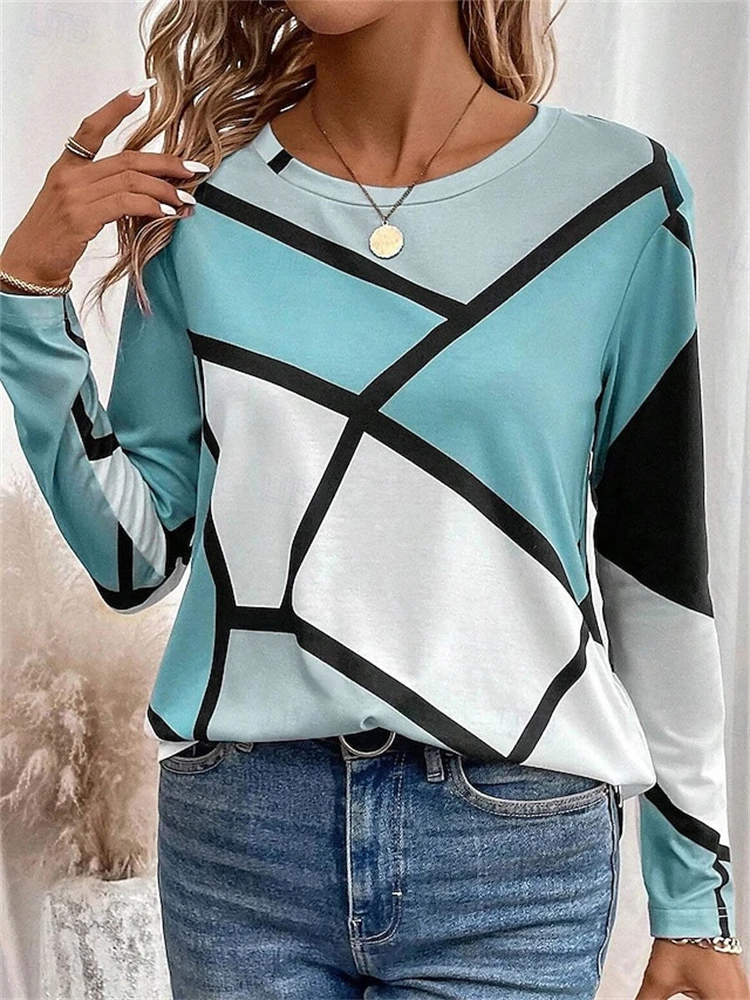 New Women's Autumn Long-Sleeve T-Shirt Stylish Color-Block 3D Print Crew Neck Casual Yet Comfortable Style Perfect for Commuting