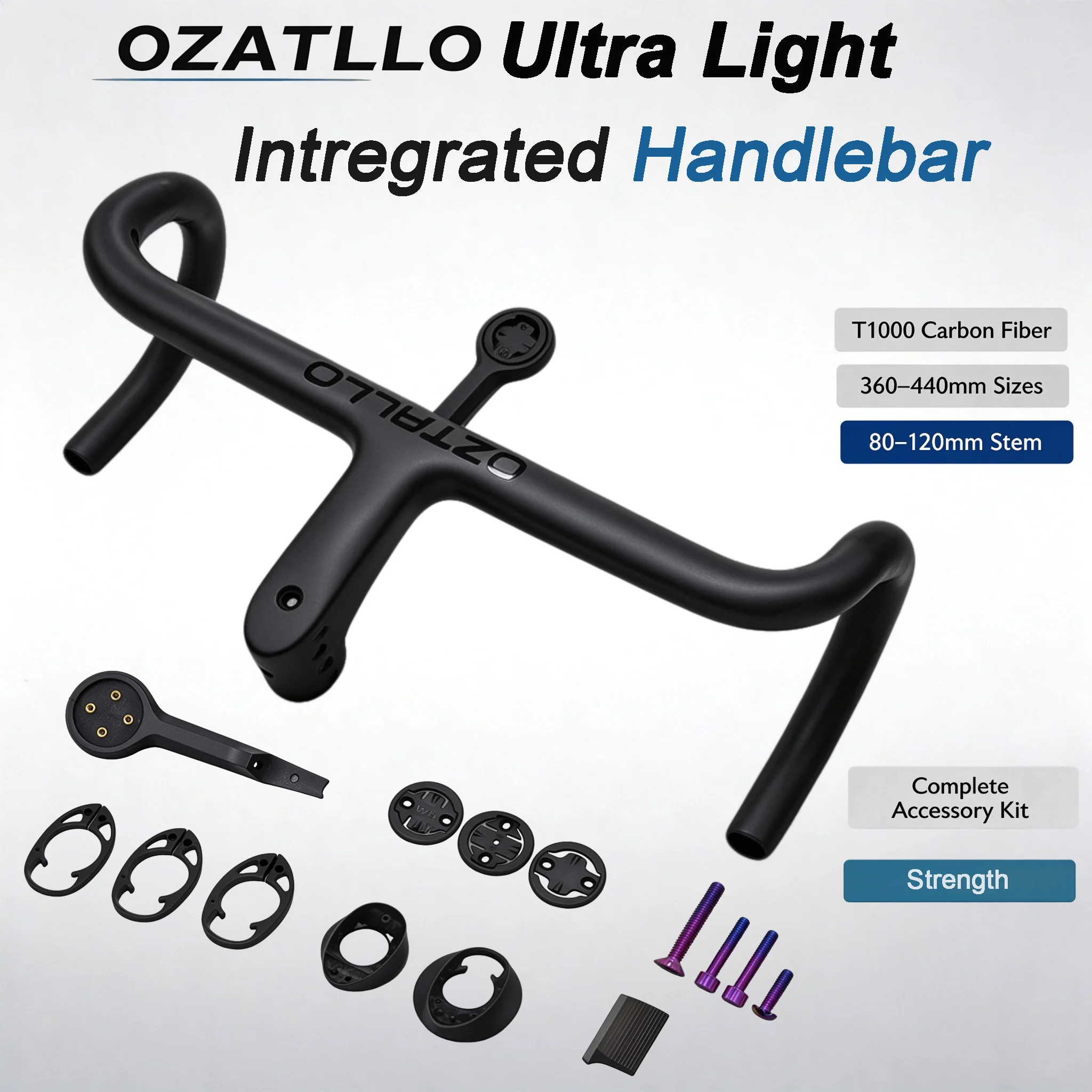 OZATLLO Ultra Light 237g Carbon Integrated Road Bike Handlebar Cockpit Full Internal Cable Routing 360-380mm Width With Mount