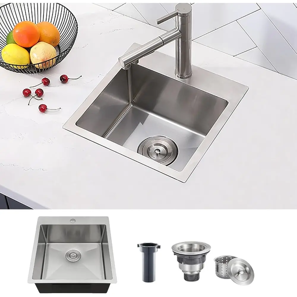 

15 x 15 inch Drop in Bar Sink, 18 Gauge StainlSteel, 9 inch Deep, Brushed Nickel, Single Basin Small 15 Kitchen Sink or Outdoor