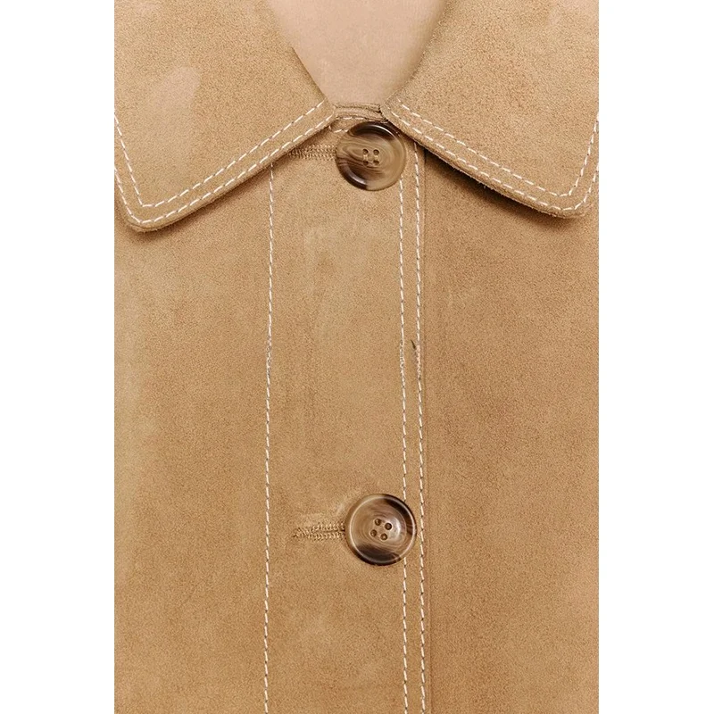 Spring Women's Long Sve Lapel Leather Jaet Faux Fur Surface Quali Single Button ket Decorated Commute Sle Loose Fit