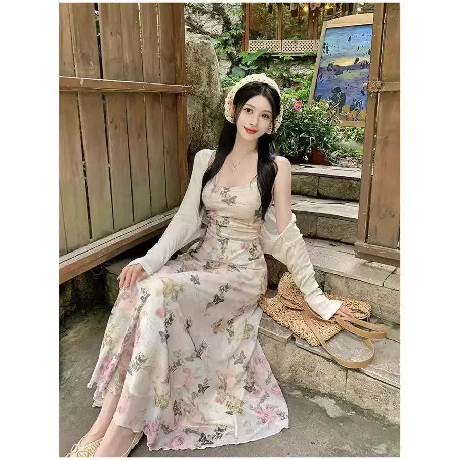 2024 New Tan Genxia Pure Desire Aesthetic Floral Printed Waist-fitted Tank Dress Long Dress For Women Summer Butterfly Pattern