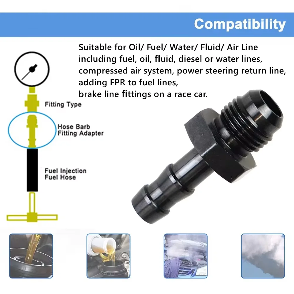 Adaptador de lengüeta de manguera negra de 6AN Flare a 3/8 "o a 5/16", Conector de lengüeta de empuje de 8AN a 1/2 "macho de línea de combustible de aluminio