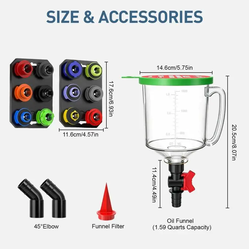 18-Piece Engine Oil Funnel Set, 1.59 Qt Automotive Oil Funnel Kit With 12 Adapters, Elbow Fitting, Arrow Screen Magnetic Storage