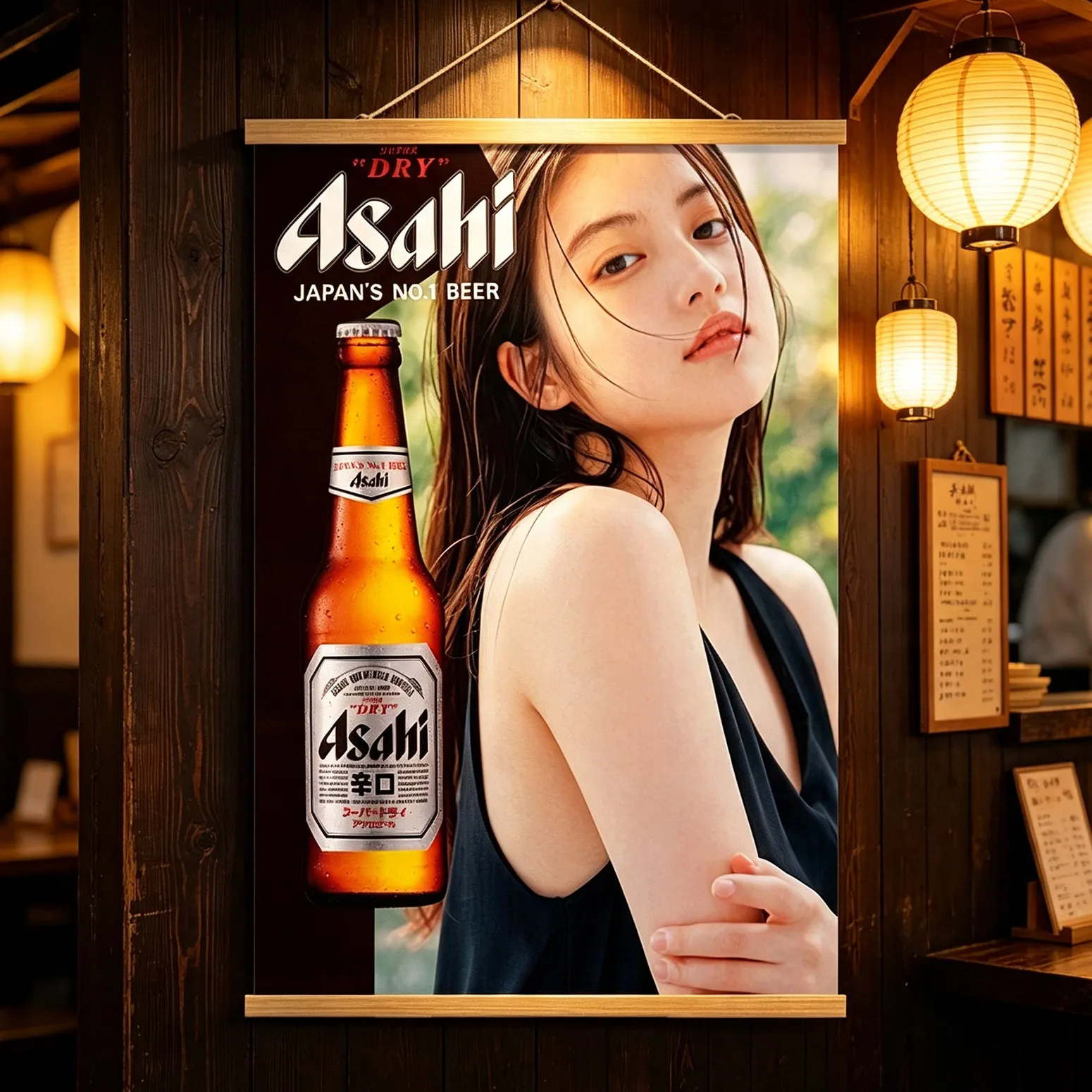 Asahi Beer Beauty Japanese Style Poster Izakaya B&B Wall Hanging Cloth Painting Decorative Art for Grilled Meat Restaurant