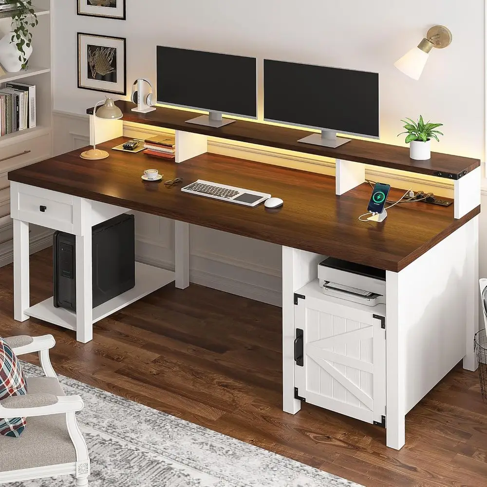 23 White Home Office Desk with Storage, Monitor Stand, Printer Space, and Power Outlets for Work, Study, Writing & Gaming
