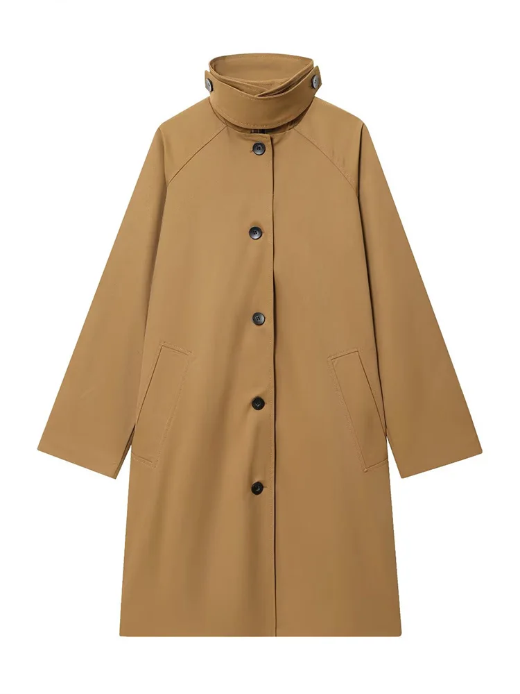 

European style new women's fashion versatile temperament simple solid color mid-length windbreaker