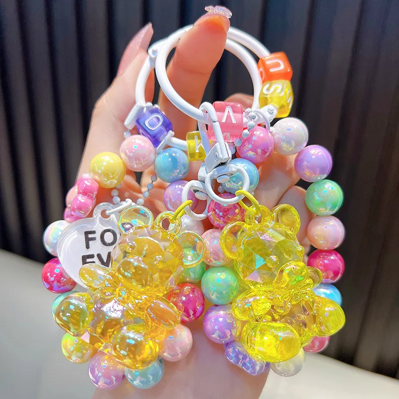 Colorful Beads Keychain with Bear Dog Flower Heart Star Acrylic Pendant Beaded Jewelry for Bag Charms Kawaii Ornaments