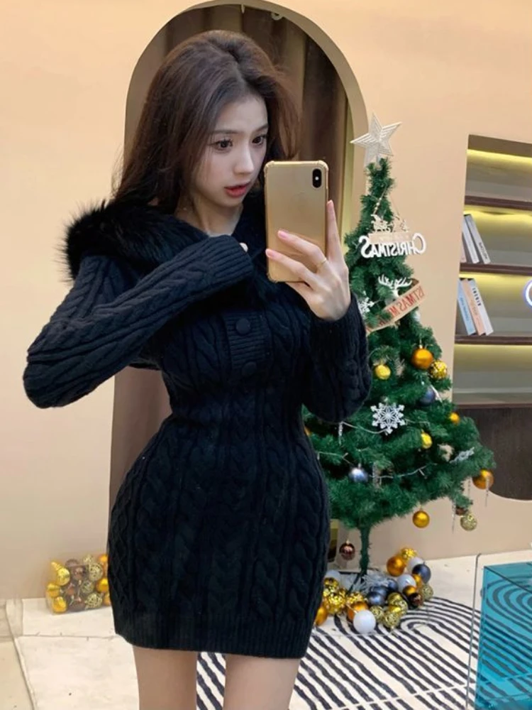 2023 Winter Knitted Sweater Dress Hooded Women Slim Bodycon Y2k Mini Dress Faux Fur Female One Piece Dress Korean Elegant